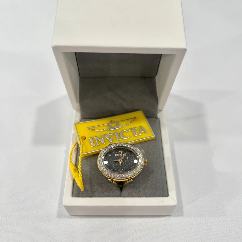 Invicta Angel 49601 Women Gold Tone Crystal Charcoal Glitter Dial Ring Watch NIB